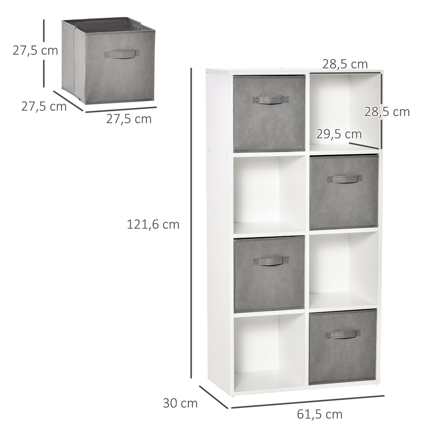 HOMCOM Estantería para Libros de 8 Cubos Librería Modular con 4 Cajones Extraíbles de Tela no Tejida para Oficina Estudio Dormitorio 61,5x30x121,6 cm Blanco y Gris