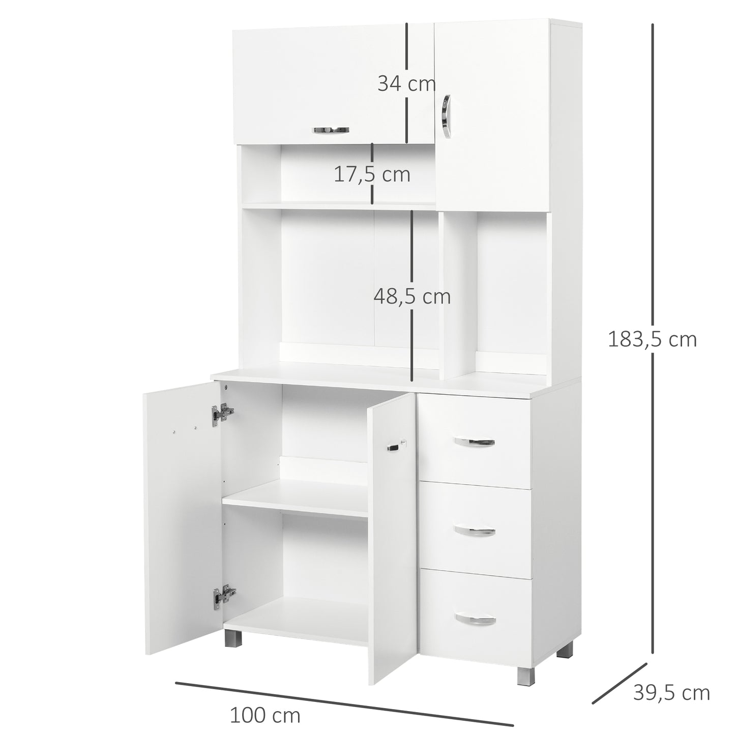 HOMCOM Alacena de Cocina Armario de Cocina Moderno Mueble Auxiliar de Comedor con 3 Cajones 4 Puertas y Estantes Ajustables para Salón 100x39,5x183,5 cm Blanco