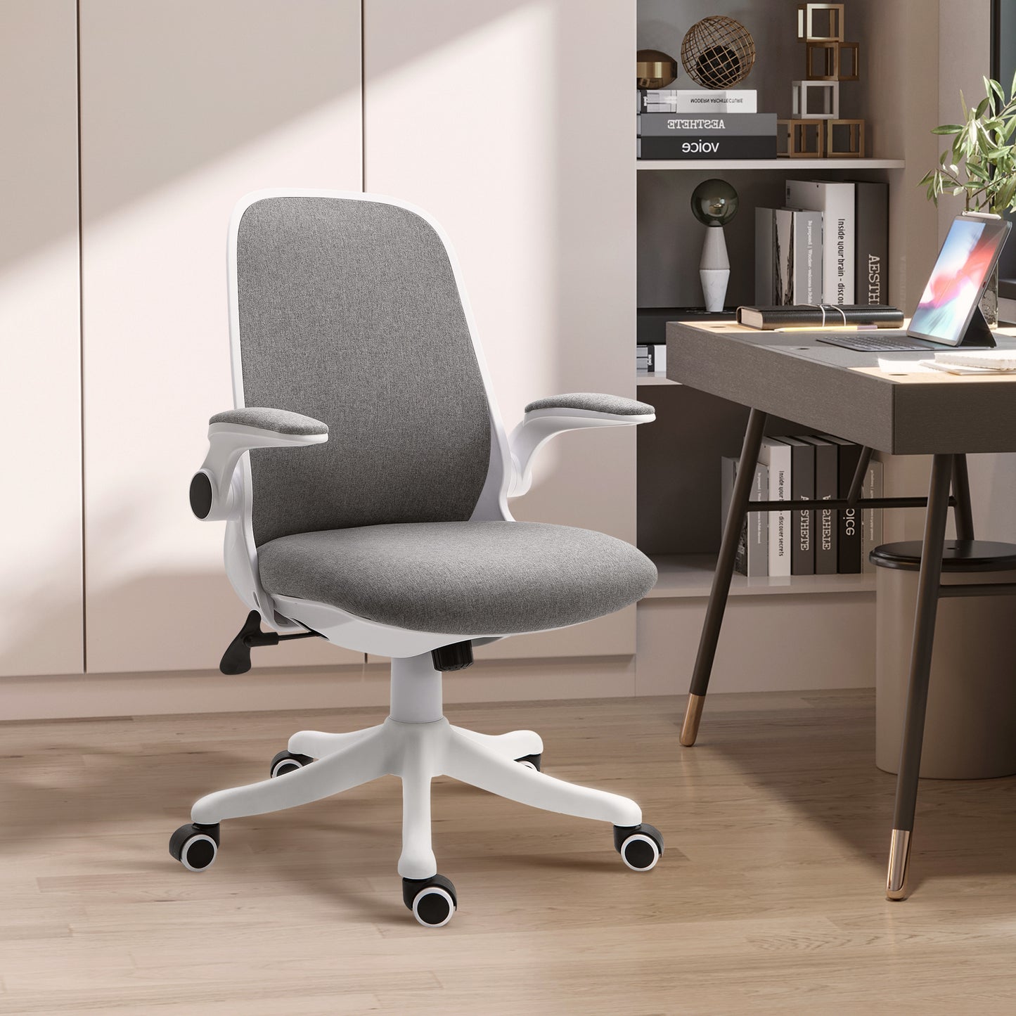 Vinsetto Silla Giratoria de Oficina Silla de Escritorio Basculante Altura Ajustable con Reposabrazos Elevable Carga 120 kg para Despacho Dormitorio 62,5x60x94-104 cm Gris