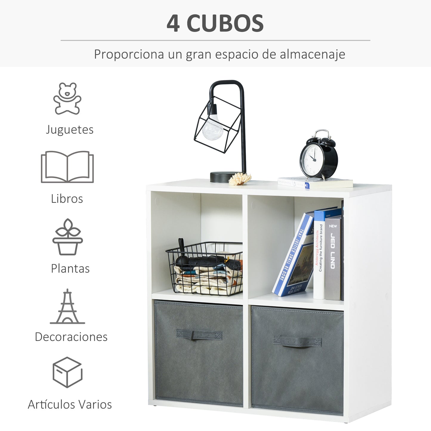 HOMCOM Estantería para Libros de 4 Cubos Librería Modular con 2 Cajones Extraíbles de Tela no Tejida para Oficina Estudio Dormitorio 61,5x30x61,5 cm Blanco y Gris