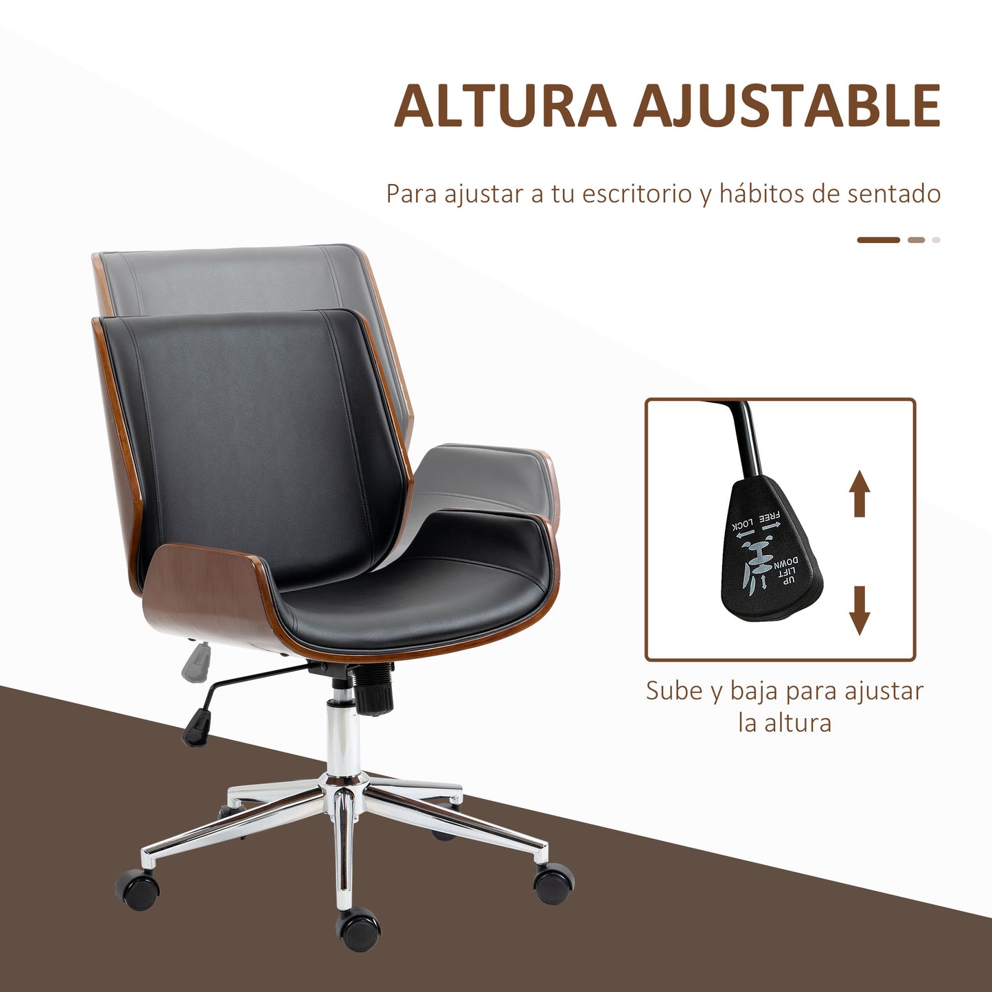 Vinsetto Silla de Escritorio Giratoria Silla de Oficina de PU con Altura Ajustable Función de Inclinación y Ruedas para Salón Dormitorio Estudio Carga 120 kg 51x65,5x82-92 cm Negro