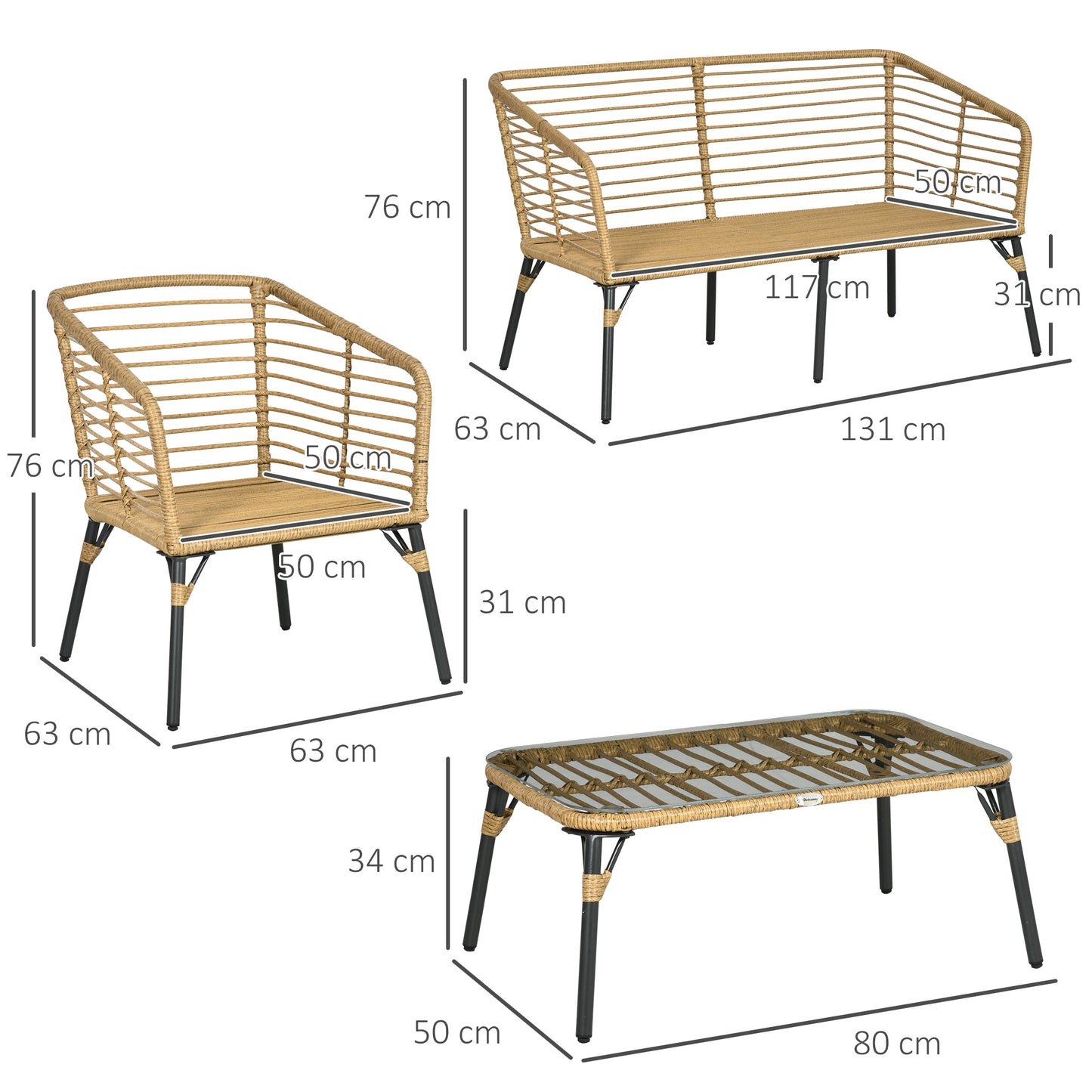 Outsunny Conjunto de Muebles de Ratán para 4 Personas Muebles de Jardín 4 Piezas con Sofá de 2 Plazos 2 Sillones Mesa de Centro y 4 Cojines para Terraza Patio Arena