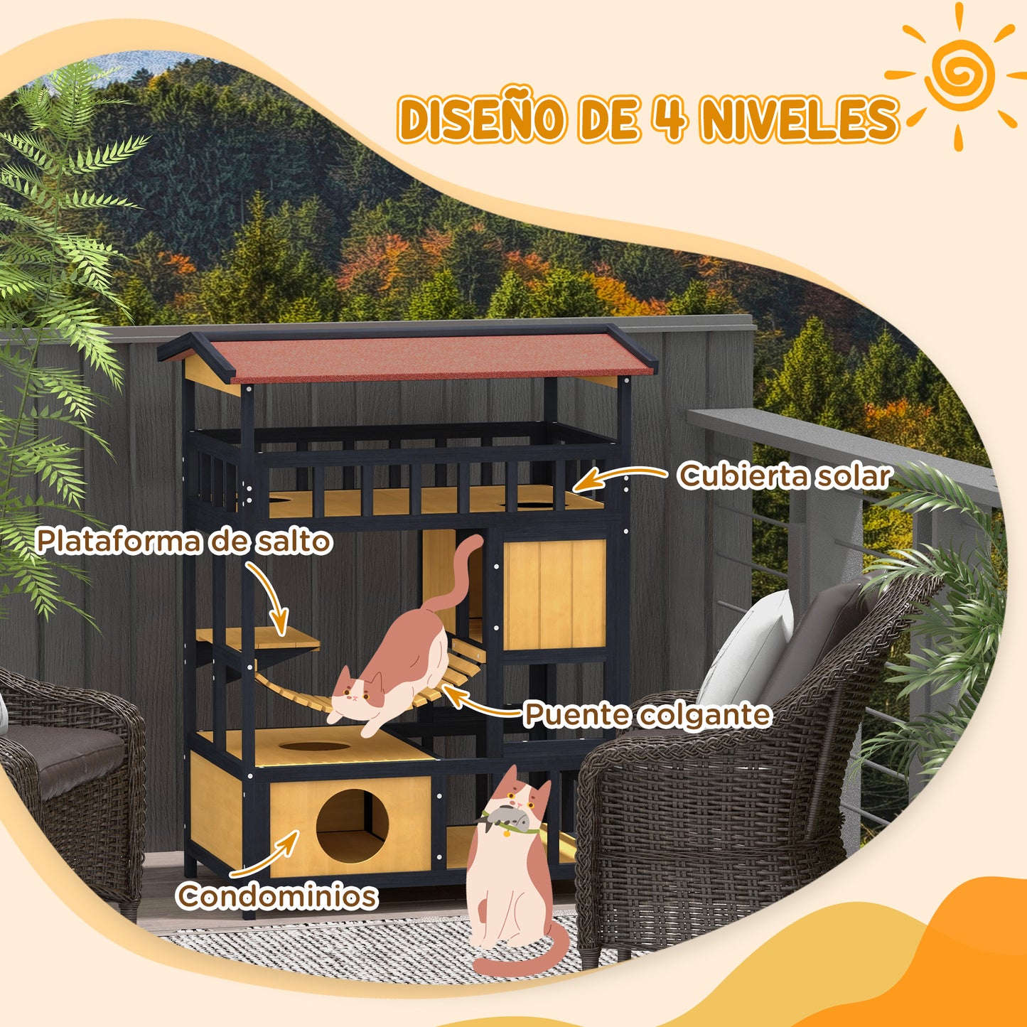 PawHut Casa para Gatos de Madera 84x60x116 cm Caseta para Gatos de 4 Niveles Refugio para Gatos con Puente Colgante Balcón y Techo Asfáltico para Exterior e Interior Natural