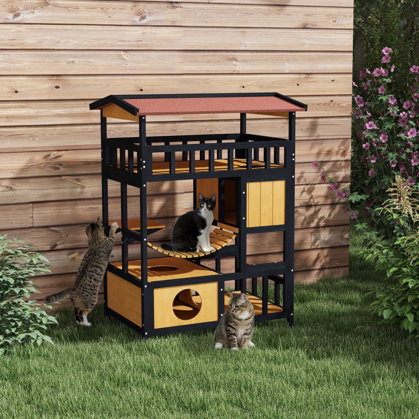 PawHut Casa para Gatos de Madera 84x60x116 cm Caseta para Gatos de 4 Niveles Refugio para Gatos con Puente Colgante Balcón y Techo Asfáltico para Exterior e Interior Natural