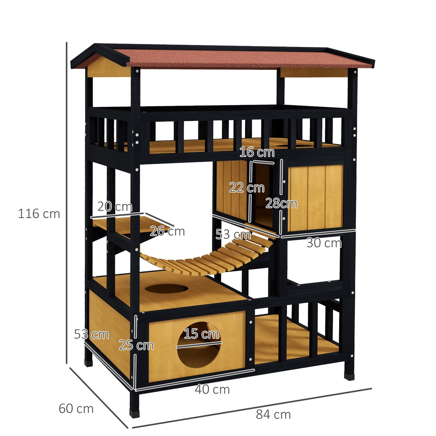 PawHut Casa para Gatos de Madera 84x60x116 cm Caseta para Gatos de 4 Niveles Refugio para Gatos con Puente Colgante Balcón y Techo Asfáltico para Exterior e Interior Natural