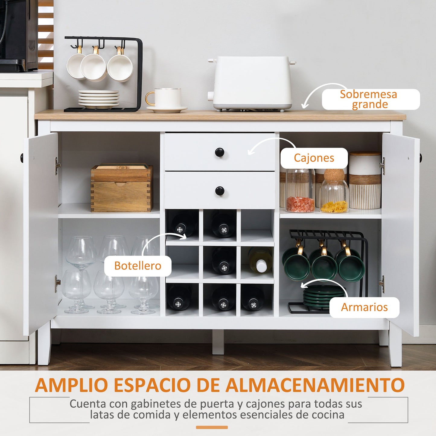 HOMCOM Aparador de Cocina con Botellero Moderno con 2 Cajones 2 Puertas Estantes Ajustables y Botellero para 9 Botellas Mueble Auxiliar de Cocina para Comedor Salón 110x35x75 cm Blanco