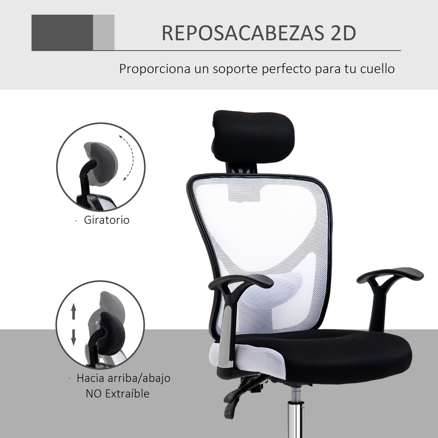 Vinsetto Silla de Oficina Ergonómica Silla Escritorio Giratoria con Altura Ajustable Función Reclinable Reposacabezas Regulable y Soporte Lumbar 62x67x108-118 cm Blanco