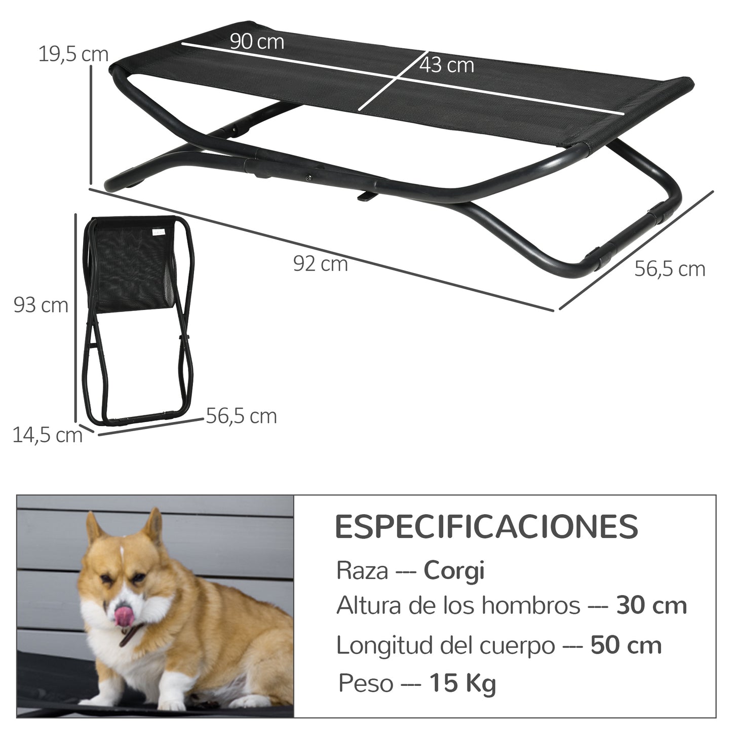 PawHut Cama Elevada para Perros Plegable Cama para Mascotas Pequeños Medianos con Tela de Malla Transpirable Marco de Acero para Interior Exterior 92x56,5x19,5 cm Negro