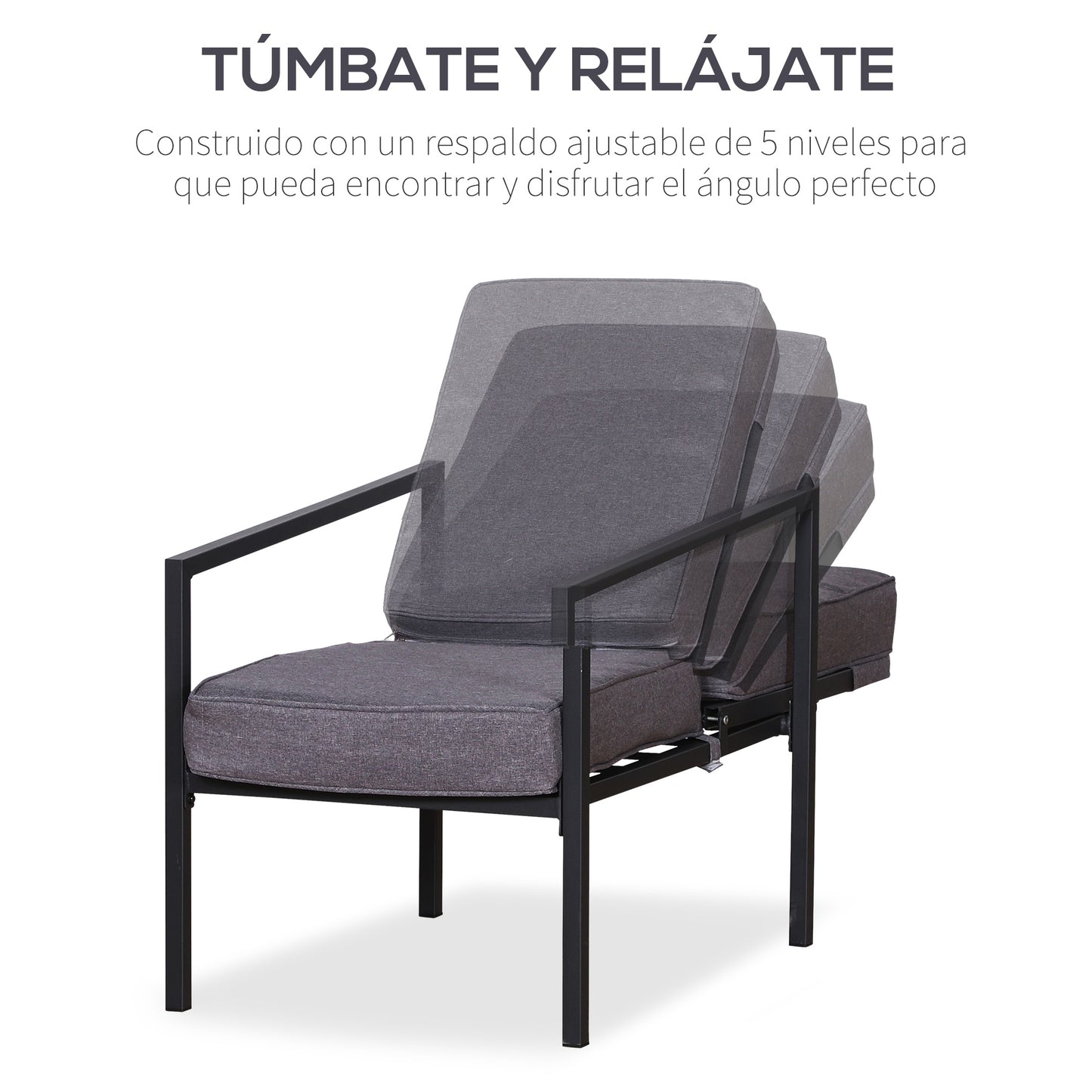 Outsunny Conjunto Mueble Exterior Apto Jardín Incluye 2 Sillas 2 Taburetes 1 Mesa para Café con Cojín Suave 5 Niveles en Respaldo Reclinable Gris y Negro