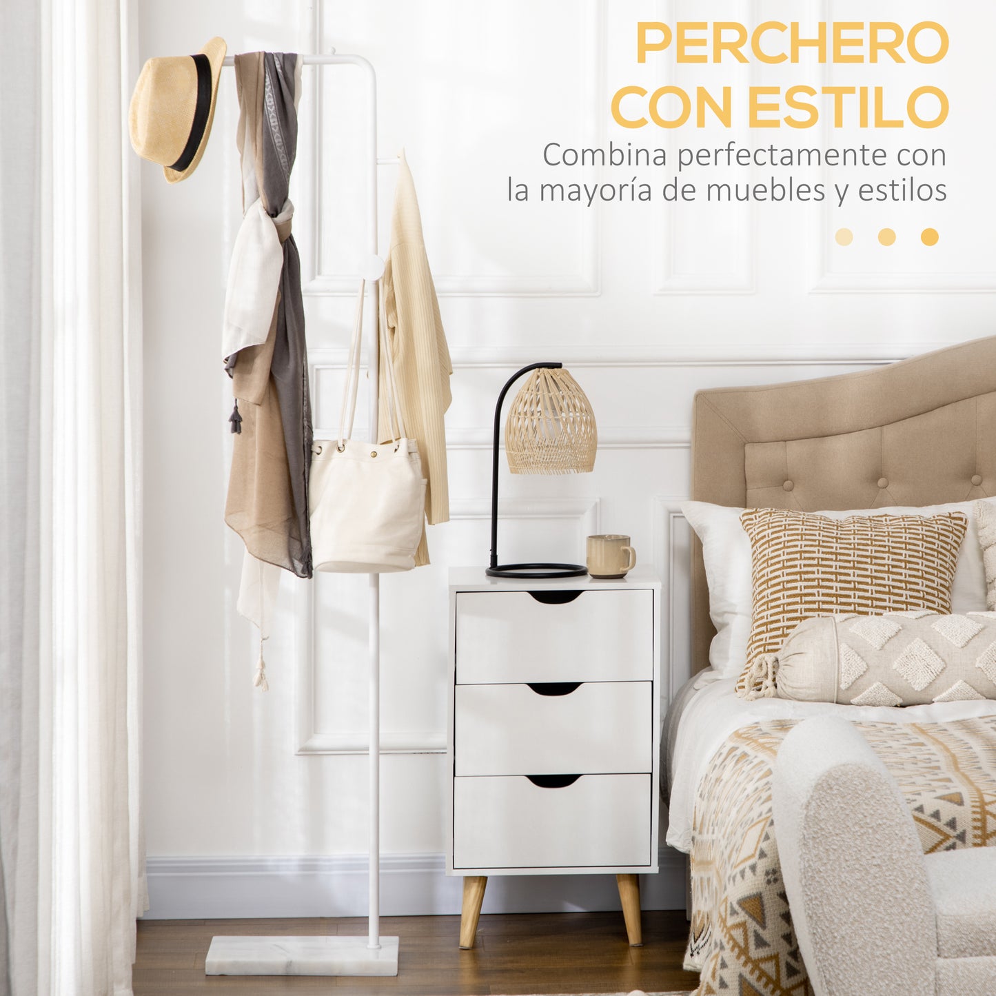 HOMCOM Perchero de Pie con Base de Mármol Perchero Moderno para Abrigos con 2 Ganchos Redondos Colgadores para Dormitorio Pasillo Entrada 35x25x170 cm Blanco