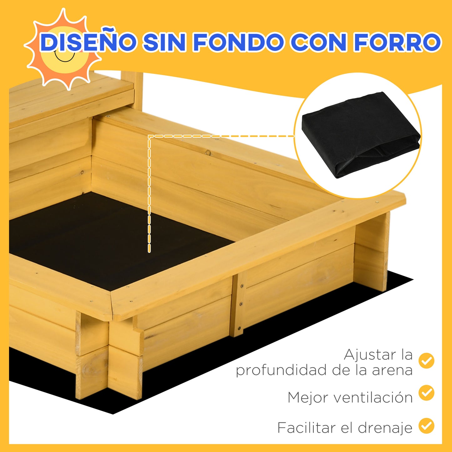 Outsunny Arenero para Niños Veranda de Madera con Techo y Ruedas Cajón de Arena Juego para Niños de 3-8 Años para Jardín Patio 133x129x137,5 cm Natural