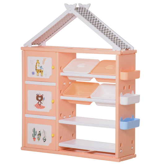 HOMCOM Estantería Infantil de Juguetes con Armario Estantes 4 Cajas y 3 Cestas Organizador de Almacenaje para Habitación de Niños Sala Juegos 128x34x155 cm Naranja Pastel