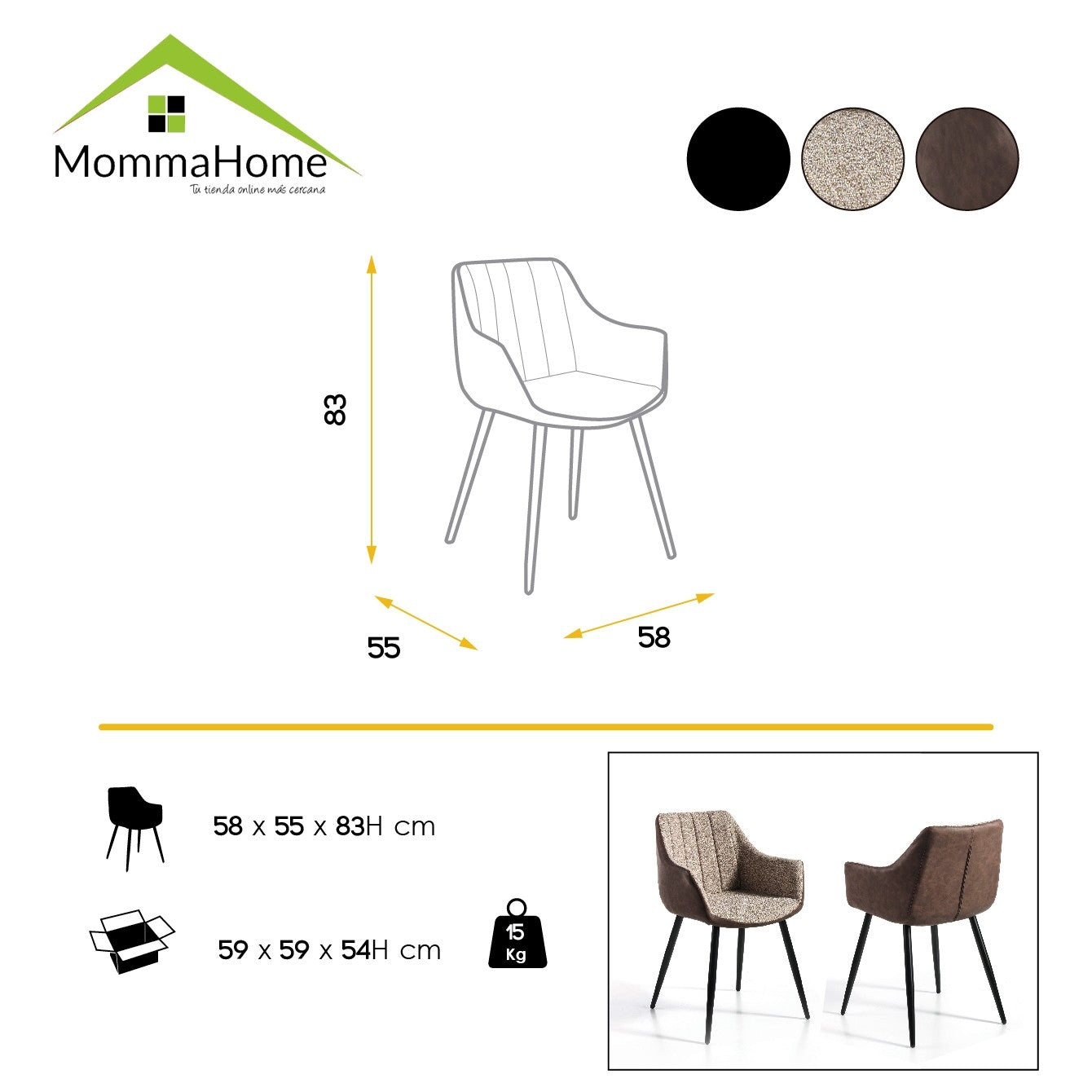 MOMMA HOME Set de 2 Sillas - Modelo Sacramento - Color Beige/Marron - Material Ecopiel/Tela - Medidas 58 x 55 x 83 cm