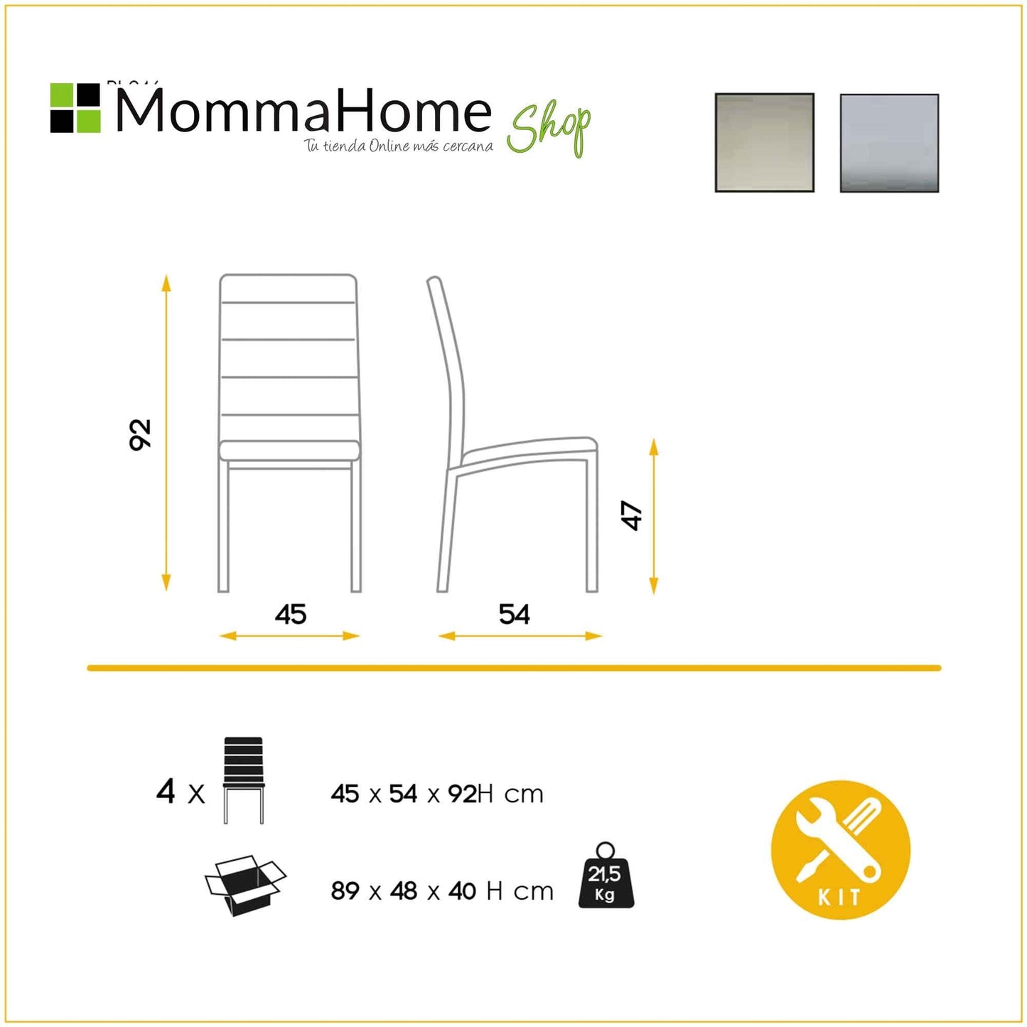 MOMMA HOME Set de 4 Sillas - Modelo Camelia - Material Ecopiel/Metal - Medidas 45 x 54 x 92 cm