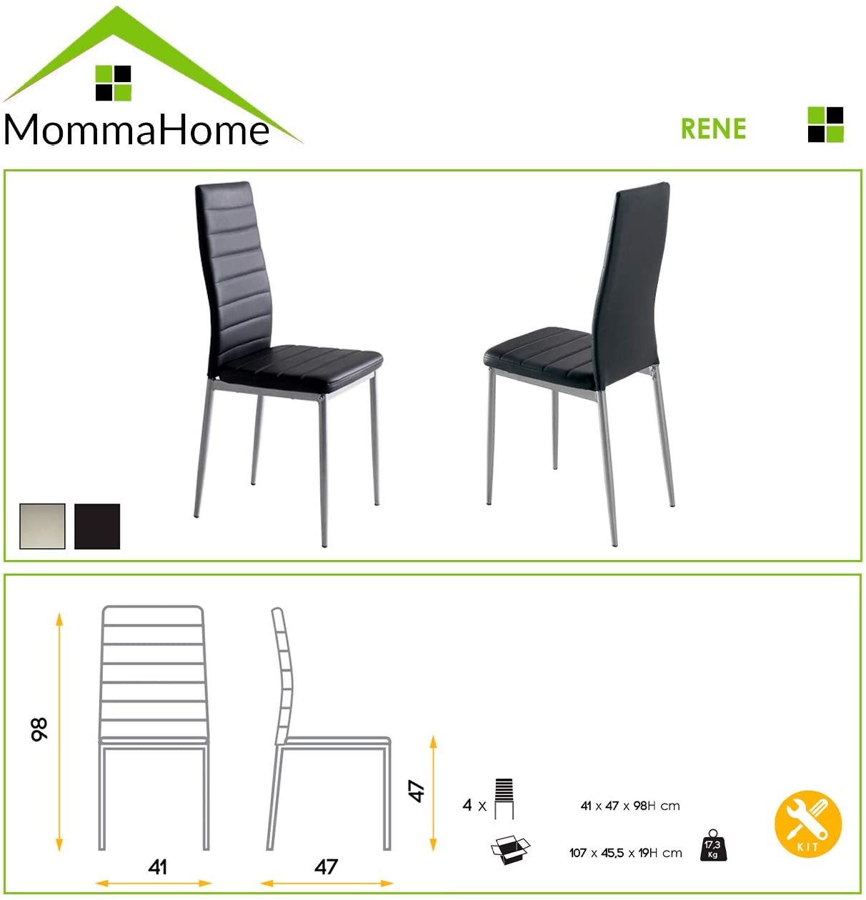 Conjunto mesa Calcuta + 4 sillas Rene en Negro - Momma Home