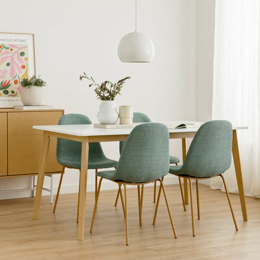 Conjunto mesa comedor rectangular blanca-natural 150 Basic + 4 sillas tapizadas menta Trive Conjunto  - Kenay Home