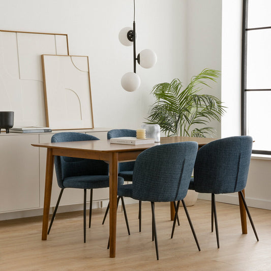 Conjunto mesa de comedor extensible rectangular natural 160 + 4 sillas tapizadas azul Brent-Beiz  - Kenay Home