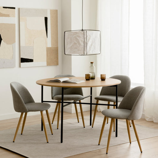 Conjunto mesa de comedor redonda natural-negro 120 Ceira + 4 sillas tapizadas gris Brila Conjunto  - Kenay Home