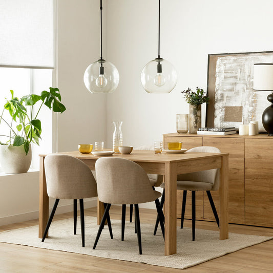 Conjunto mesa comedor extensible rectangular natural 140 Hegas + 4 sillas tapizadas gris Conjunto  - Kenay Home