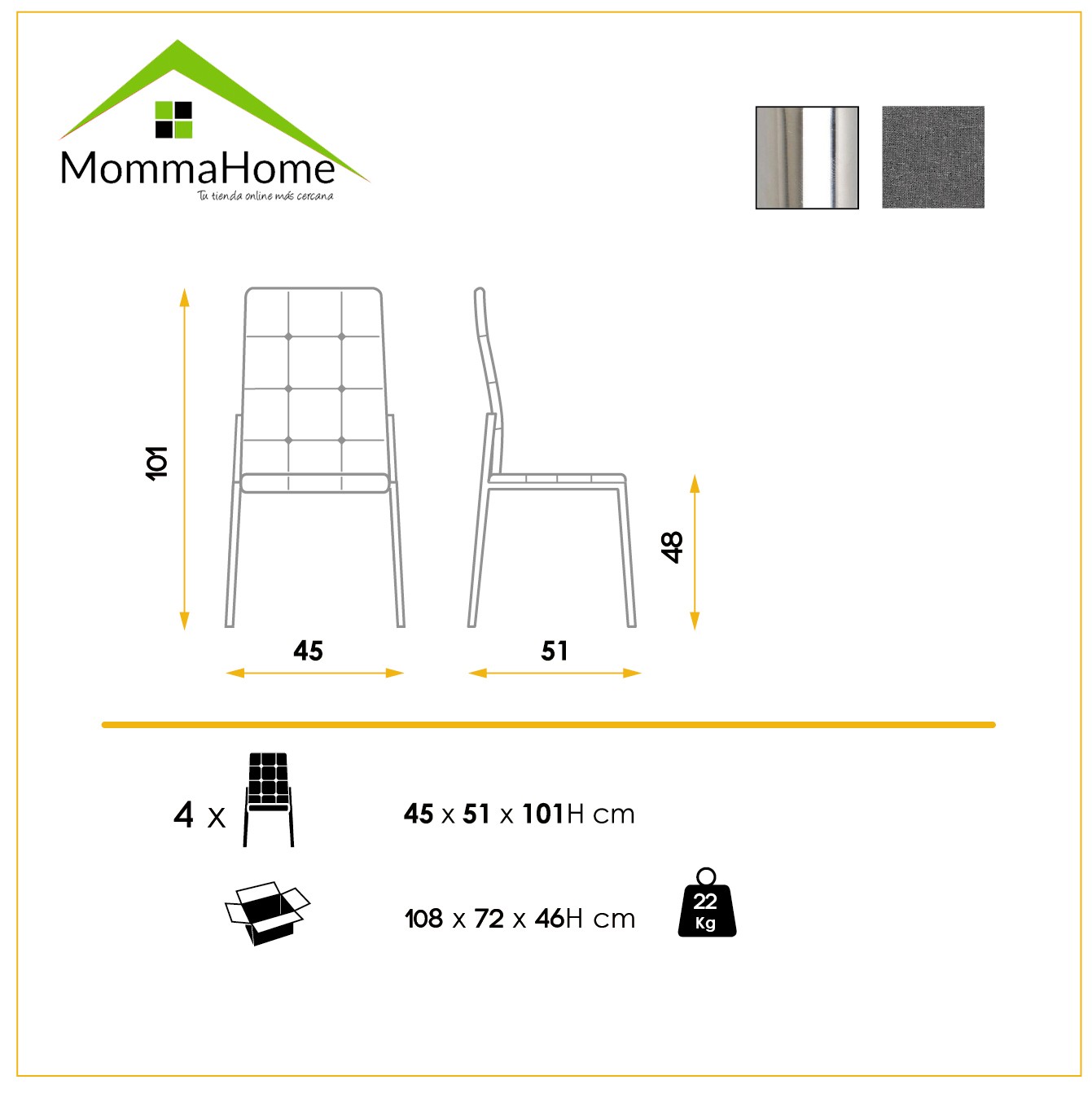 MOMMA HOME Set de 4 Sillas - Modelo Cami Tela - Color Gris oscuro/Plata - Material Tela/Metal Cromado - Medidas 46 x 54 x 101 cm