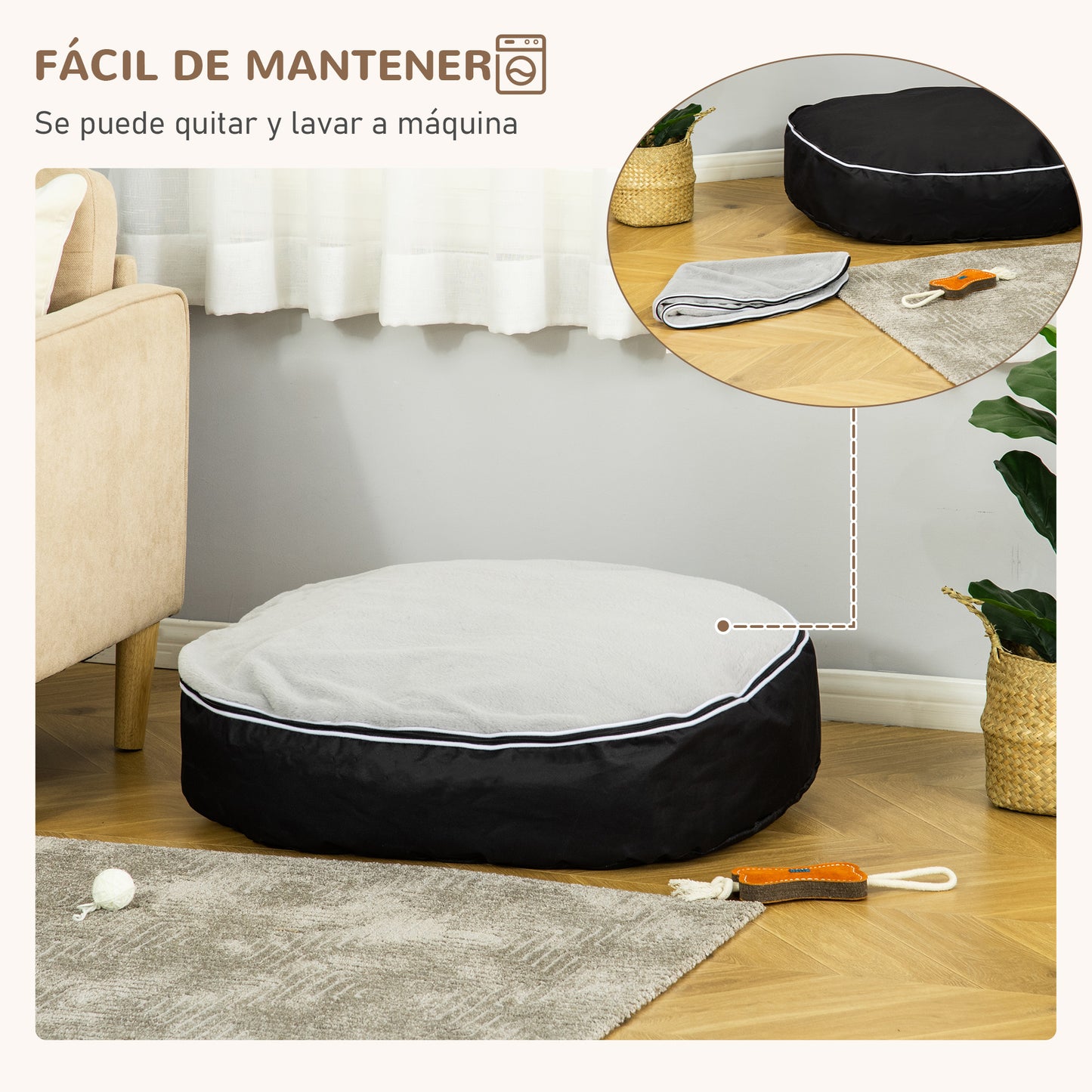 PawHut Cama para Perros y Gatos Lavable Colchón para Perros Medianos con Funda Desenfundable de Tela Oxford y Felpa Suave 80x72x18 cm Gris y Negro