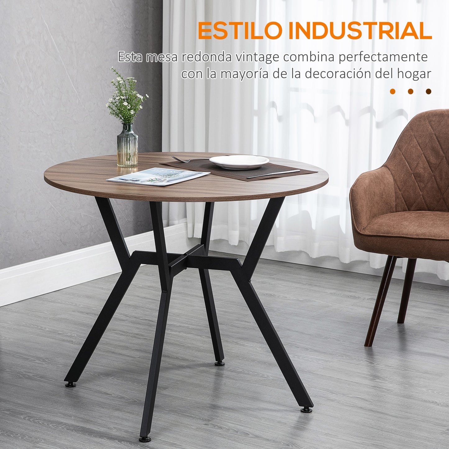 HOMCOM Mesa de Comedor Redonda Mesa de Cocina Industrial con Tapa de Madera y Marco de Acero para Salón Carga 60 kg Ø90x76 cm Marrón