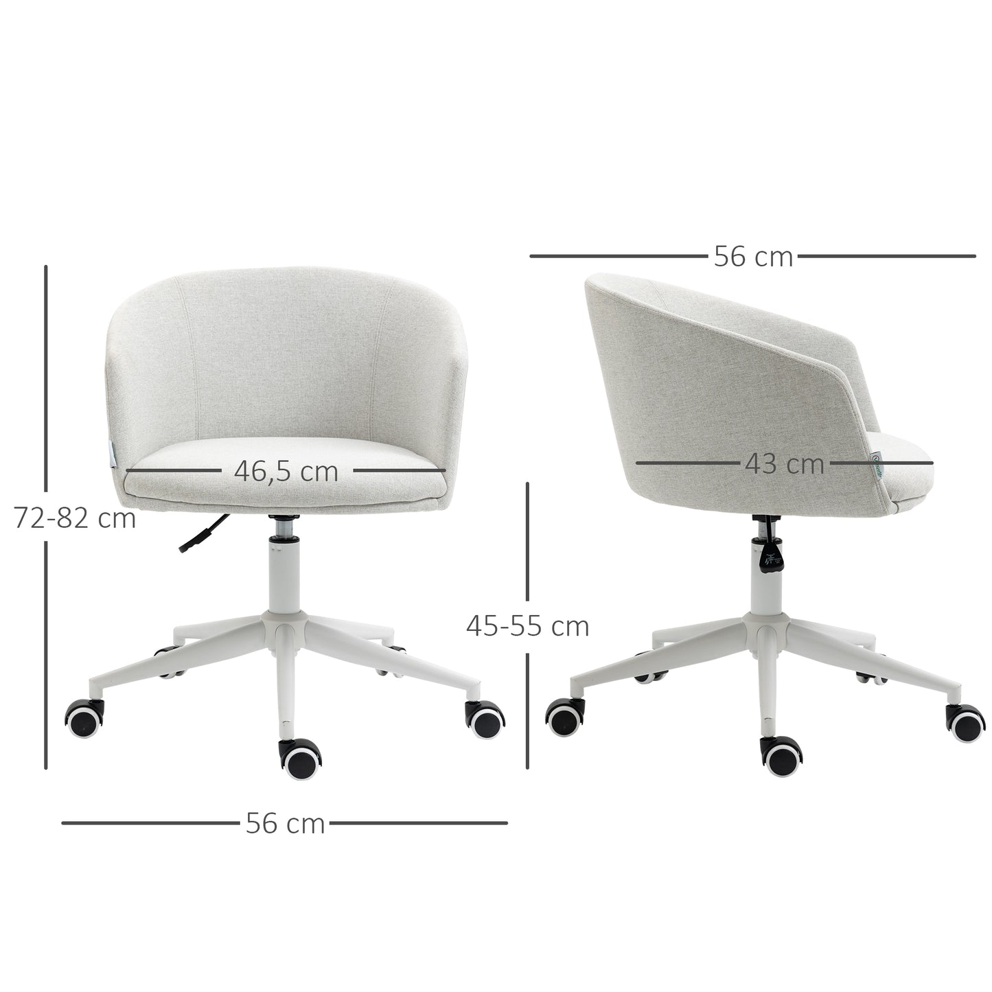 Vinsetto Silla de Oficina Giratoria Silla de Escritorio para Adolescente Ergonómica Altura Ajustable con Reposabrazos y Asiento Acolchado Carga 120 kg Tejido de Lino 56x56x72-82 cm Gris Claro