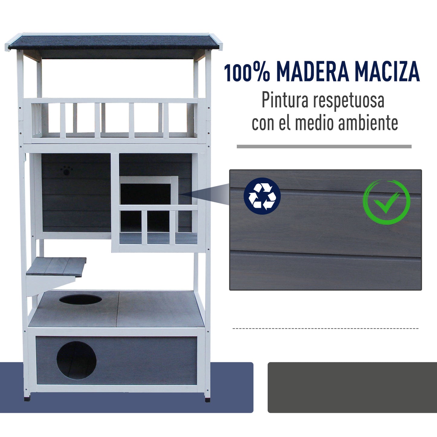 PawHut Casa para Gatos de Madera 75,5x75x137 cm Caseta para Gatos Refugio para Gatos con Techo Asfáltico y Plataformas para Interior y Exterior Gris