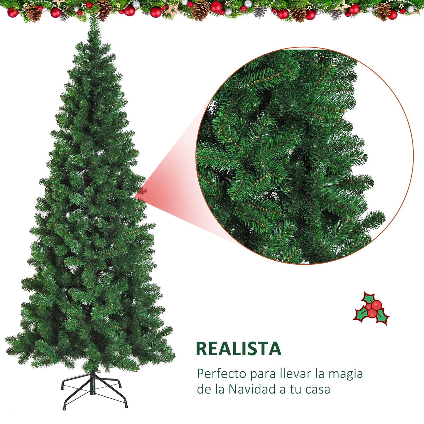 HOMCOM Árbol de Navidad Artificial 210 cm Ignífugo con 631 Puntas de Rama PVC y Soporte de Metal Decoración Navideña para Interiores Fácil de Montar Verde