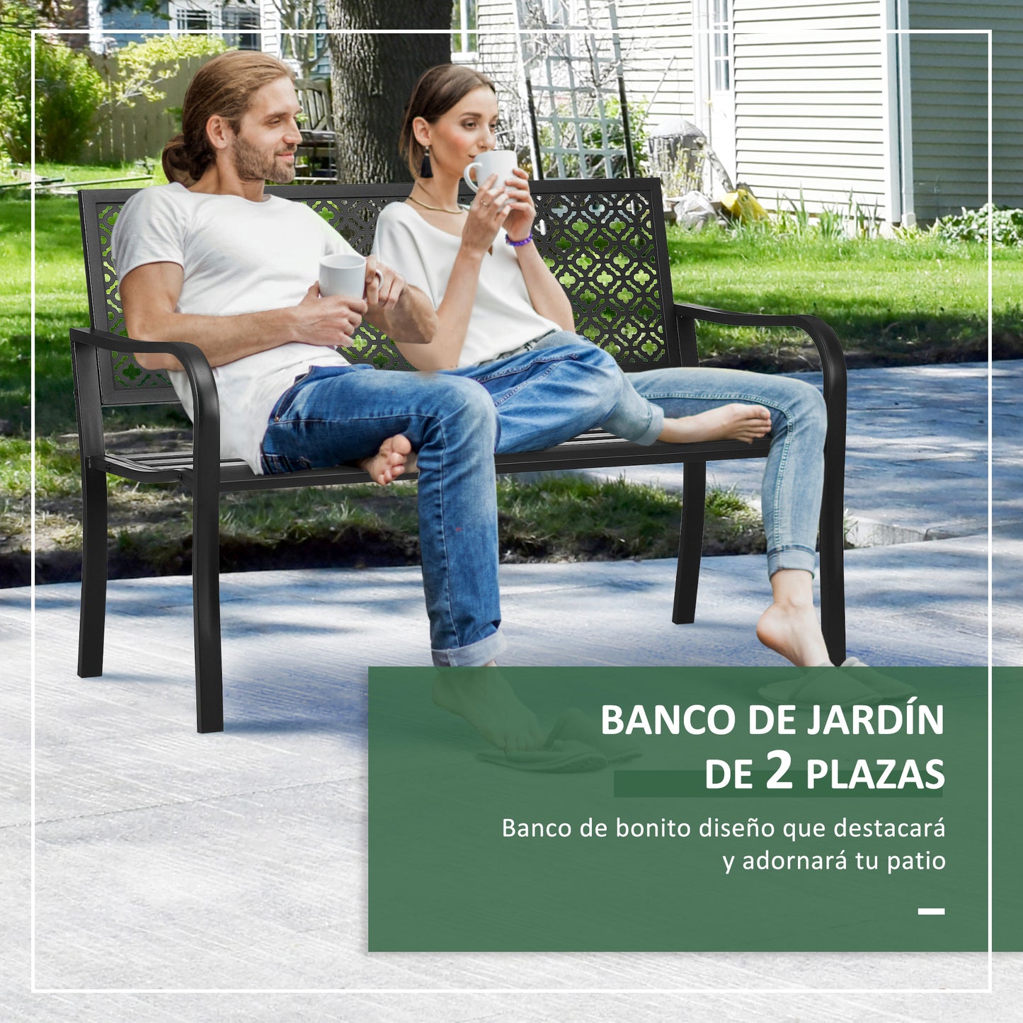 Outsunny Banco de Jardín de Acero Banco Exterior de 2 Plazas con Respaldo Decorativo Estampado para Terraza Balcón Patio Carga 240 kg 127x63x83 cm Negro