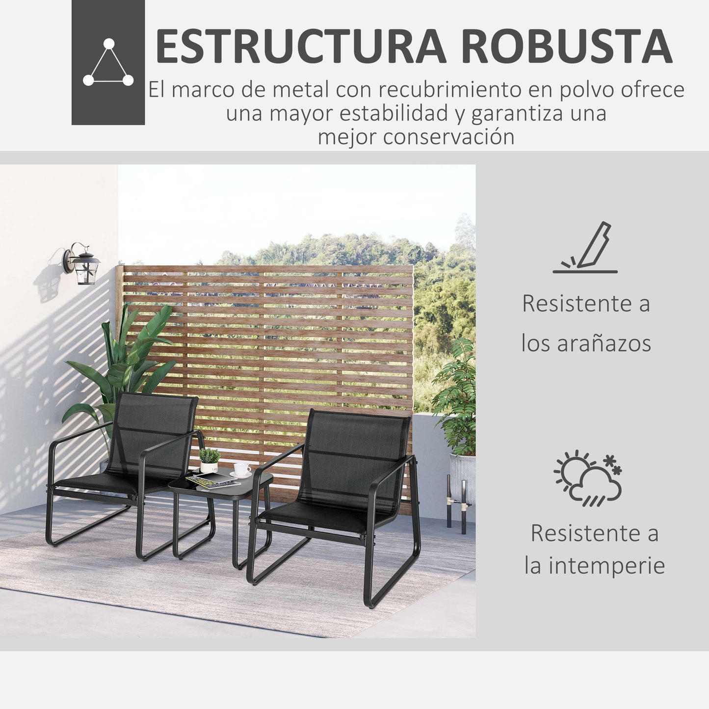 Outsunny Conjunto de Muebles de Jardín 3 Piezas Muebles de Jardín Exterior Incluye 1 Mesa de Vidrio Templado y 2 Sillas con Reposabrazos y Respaldo Transpirable para Terraza Balcón Negro