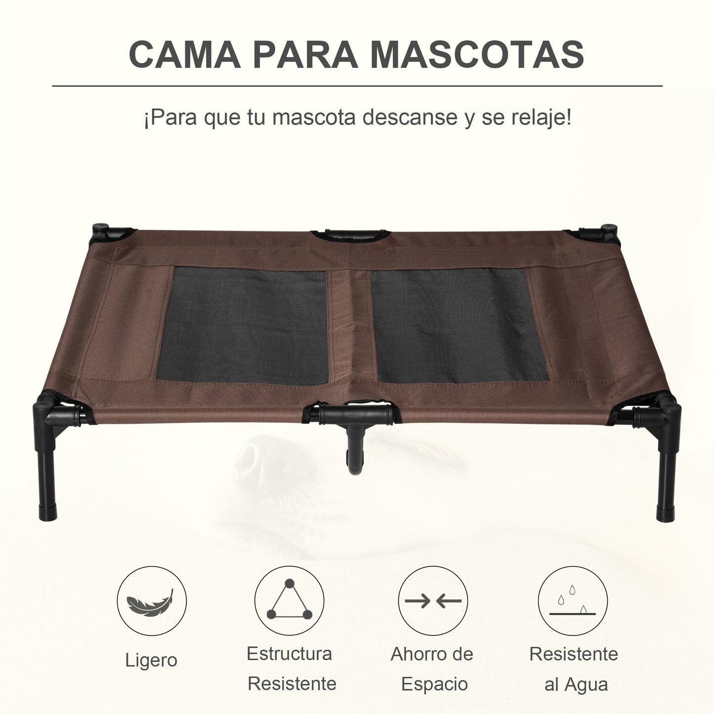 PawHut Cama Elevada para Perros Gatos Portátil Cama para Mascotas con Zona de Malla Transpirable y Tela Oxford para Interior Exterior 92x76x18 cm Café