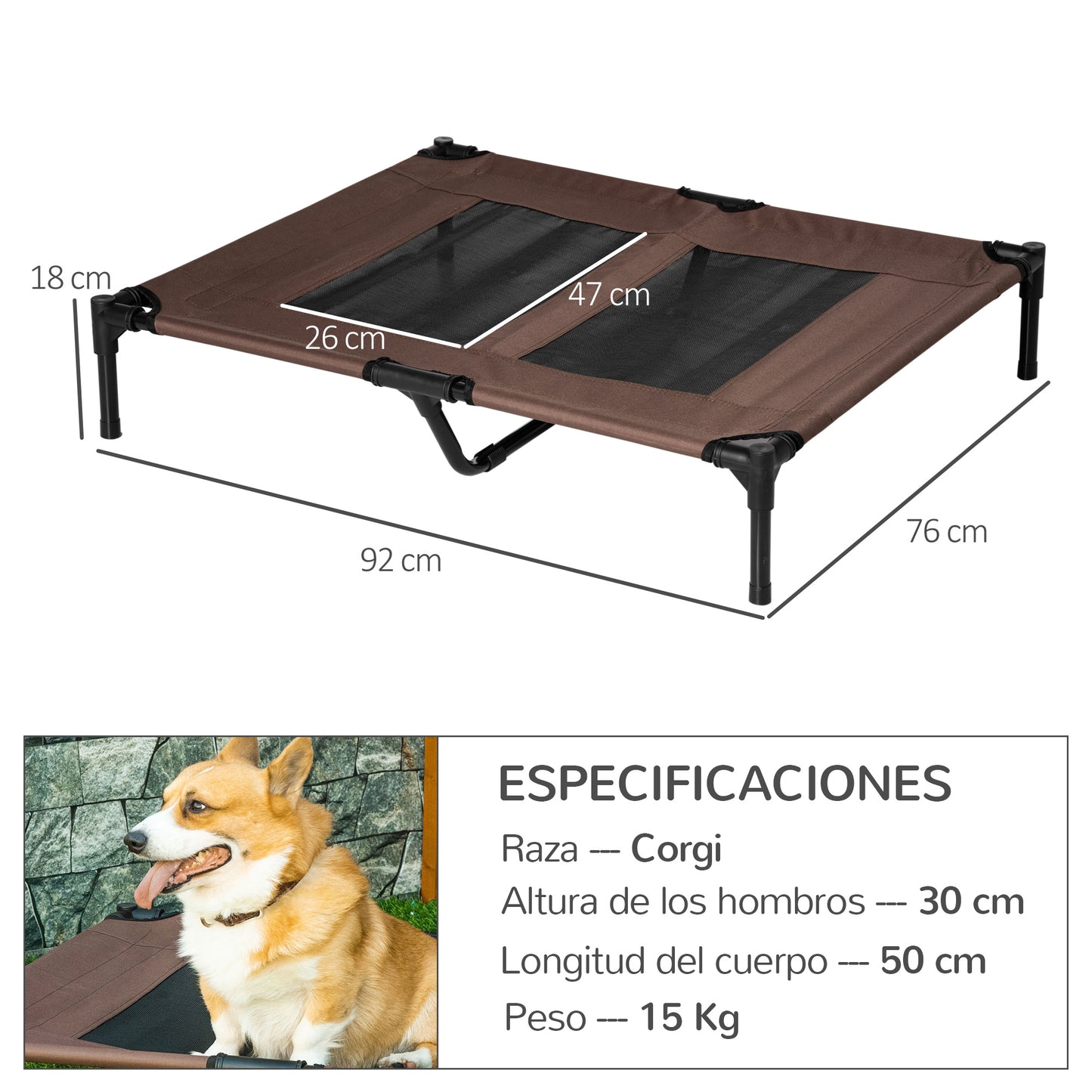 PawHut Cama Elevada para Perros Gatos Portátil Cama para Mascotas con Zona de Malla Transpirable y Tela Oxford para Interior Exterior 92x76x18 cm Café