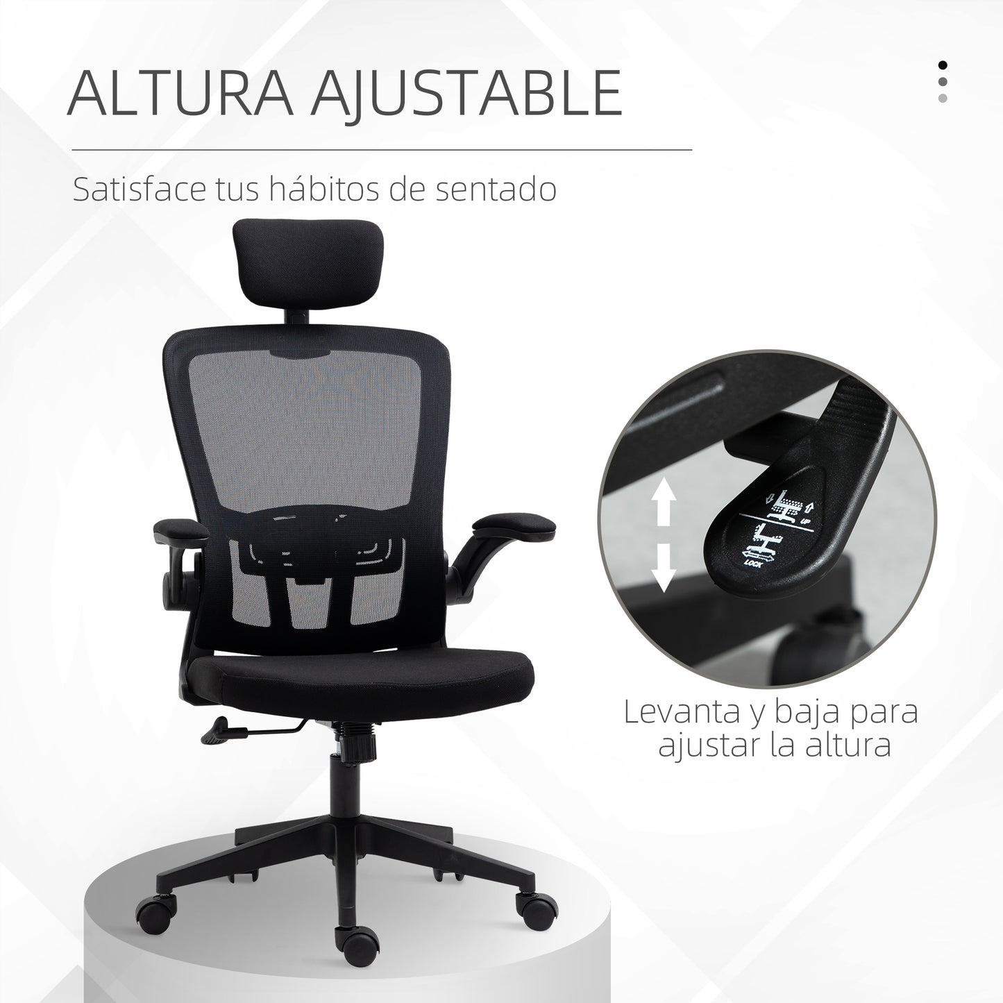 Vinsetto Silla de Oficina de Malla Silla Escritorio Giratoria con Altura Ajustable Reposabrazos Plegable Reposacabezas y Soporte Lumbar Regulables 65x64x114-122 cm Negro