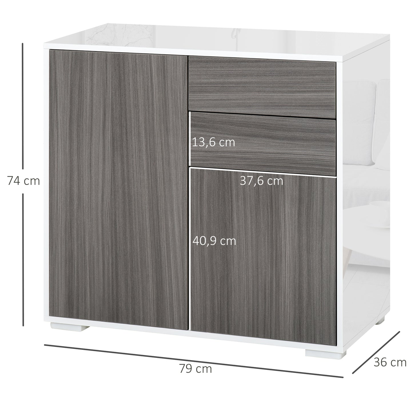 HOMCOM Aparador para Cocina con 2 Puertas 2 Cajones Marco de Blanco Brillante Estante Ajustable Apertura a Presión Armario de Almacenamiento para Dormitorio Salón 79x36x74 cm Gris