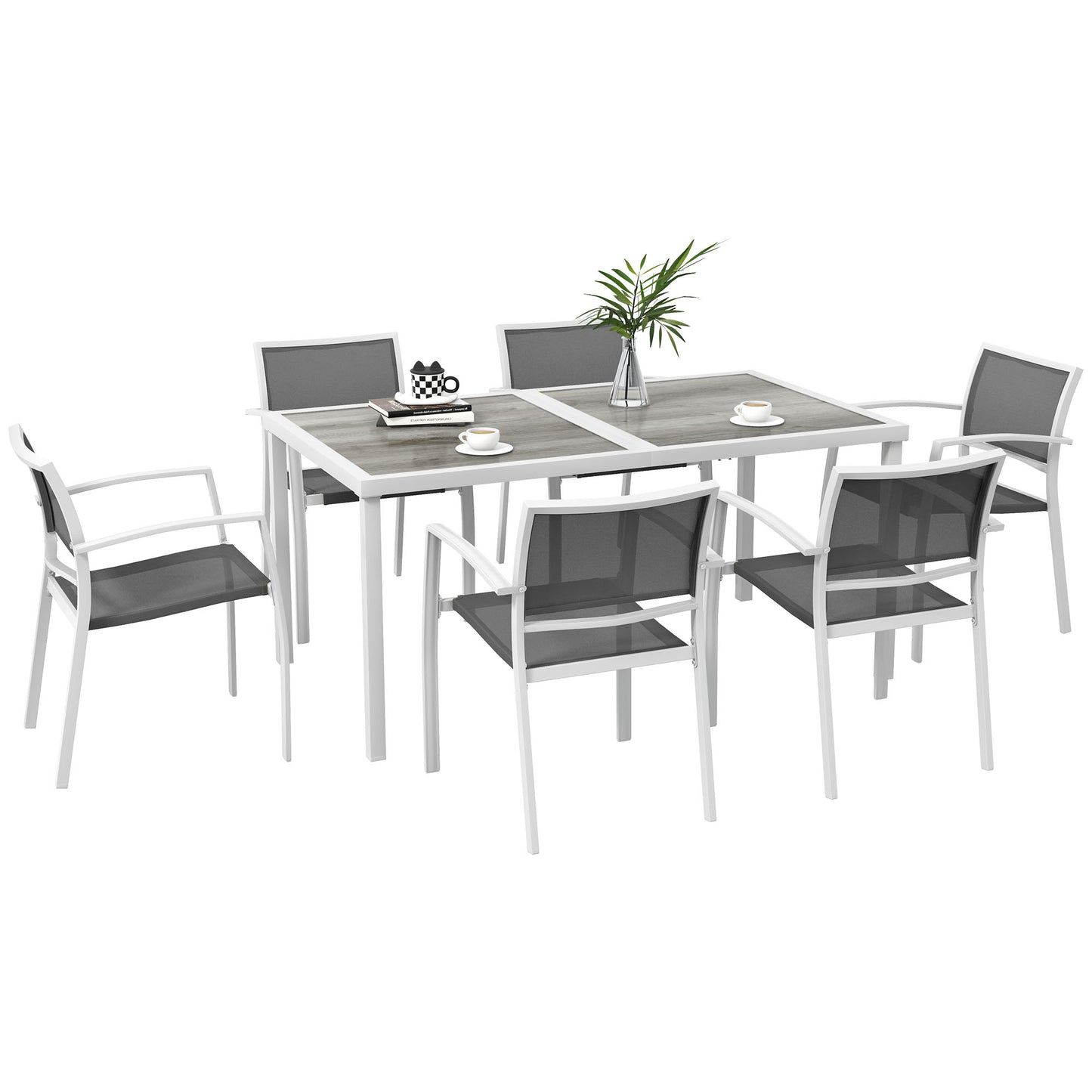 Outsunny Conjunto de Comedor de Exterior Juego de Comedor de Jardín de 7 Piezas con 1 Mesa y 6 Sillas Apilables Estilo Moderno para Terraza Patio Blanco y Gris