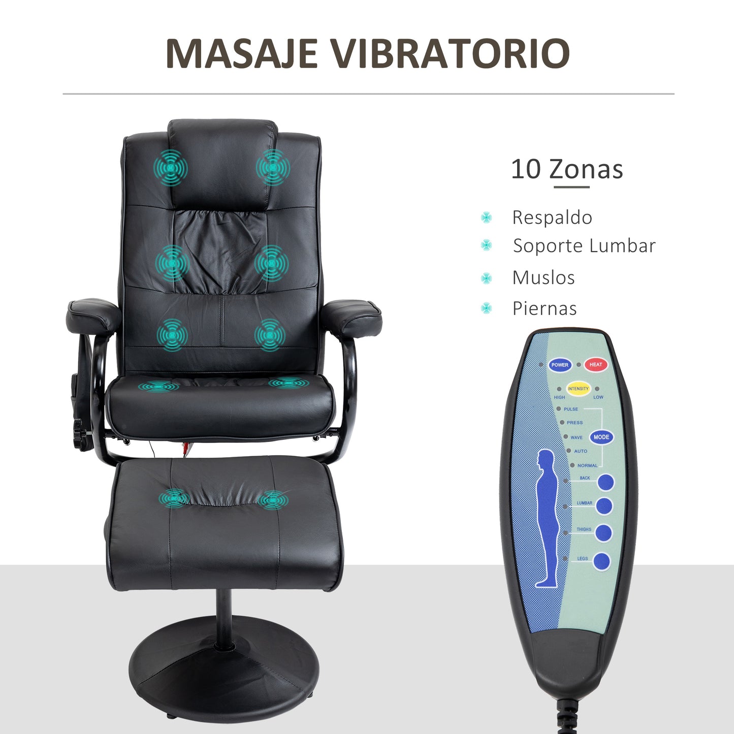 HOMCOM Sillón Relax Reclinable con Reposapiés Sillón de Masaje Eléctrico con 10 Puntos de Masaje Sillón Relax Giratorio con Mando a Distancia para Salón Oficina Negro