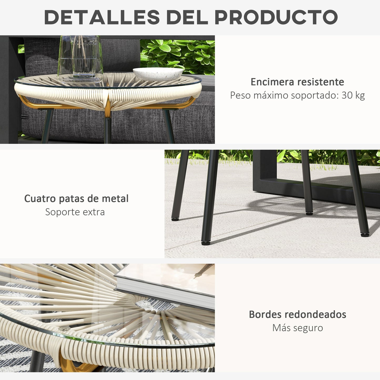 Outsunny Mesa Auxiliar de Ratán Sintético Mesa de Centro Redonda para Exteriores con Tablero de Vidrio Templado y Patas de Metal para Patio Jardín Balcón Ø50x50 cm Crema