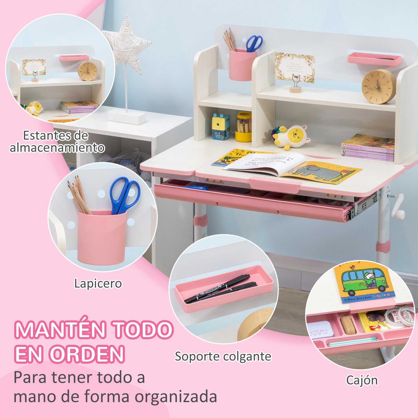 HOMCOM Juego de Escritorio y Silla para Niños de +3 Años con Altura Ajustable Pupitre Infantil con Tablero de Mesa Inclinable Cajón y Estantería para libros 80x52x88-109 cm y 35,5x44,5x66-80 cm Rosa