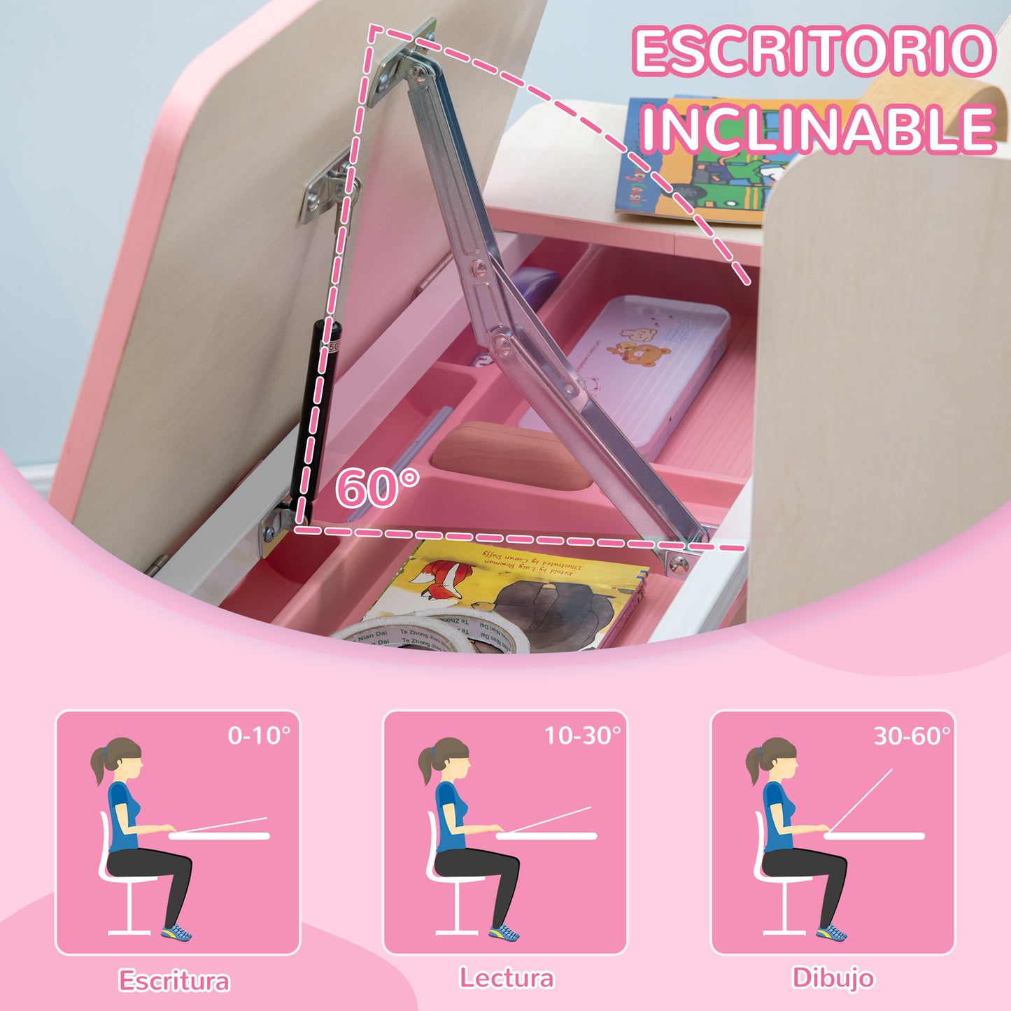 HOMCOM Juego de Escritorio y Silla para Niños de +3 Años con Altura Ajustable Pupitre Infantil con Tablero de Mesa Inclinable Cajón y Estantería para libros 80x52x88-109 cm y 35,5x44,5x66-80 cm Rosa