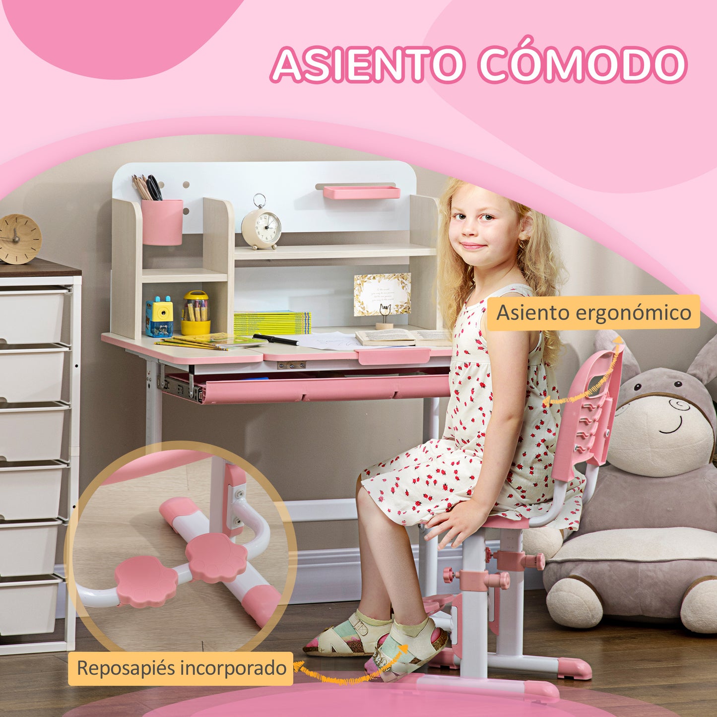 HOMCOM Juego de Escritorio y Silla para Niños de +3 Años con Altura Ajustable Pupitre Infantil con Tablero de Mesa Inclinable Cajón y Estantería para libros 80x52x88-109 cm y 35,5x44,5x66-80 cm Rosa