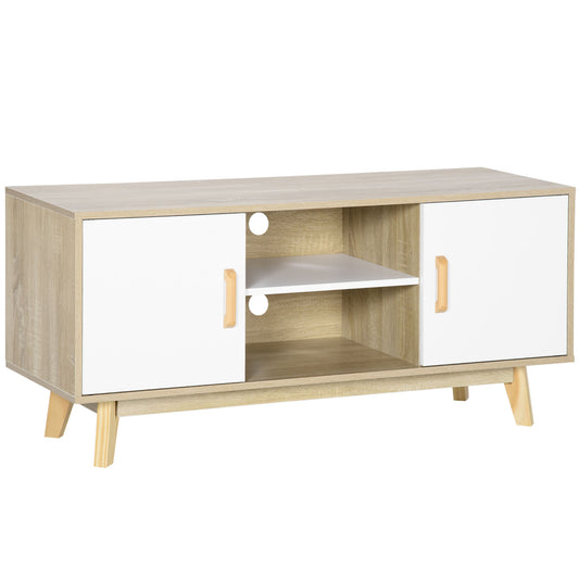 HOMCOM Mueble de TV para Televisores de hasta 55 Pulgadas Mesa para TV de Salón Moderna con 2 Puertas 2 Estantes Abiertos y Balda Interior Ajustable para Dormitorio 120x40x55 cm Natural y Blanco