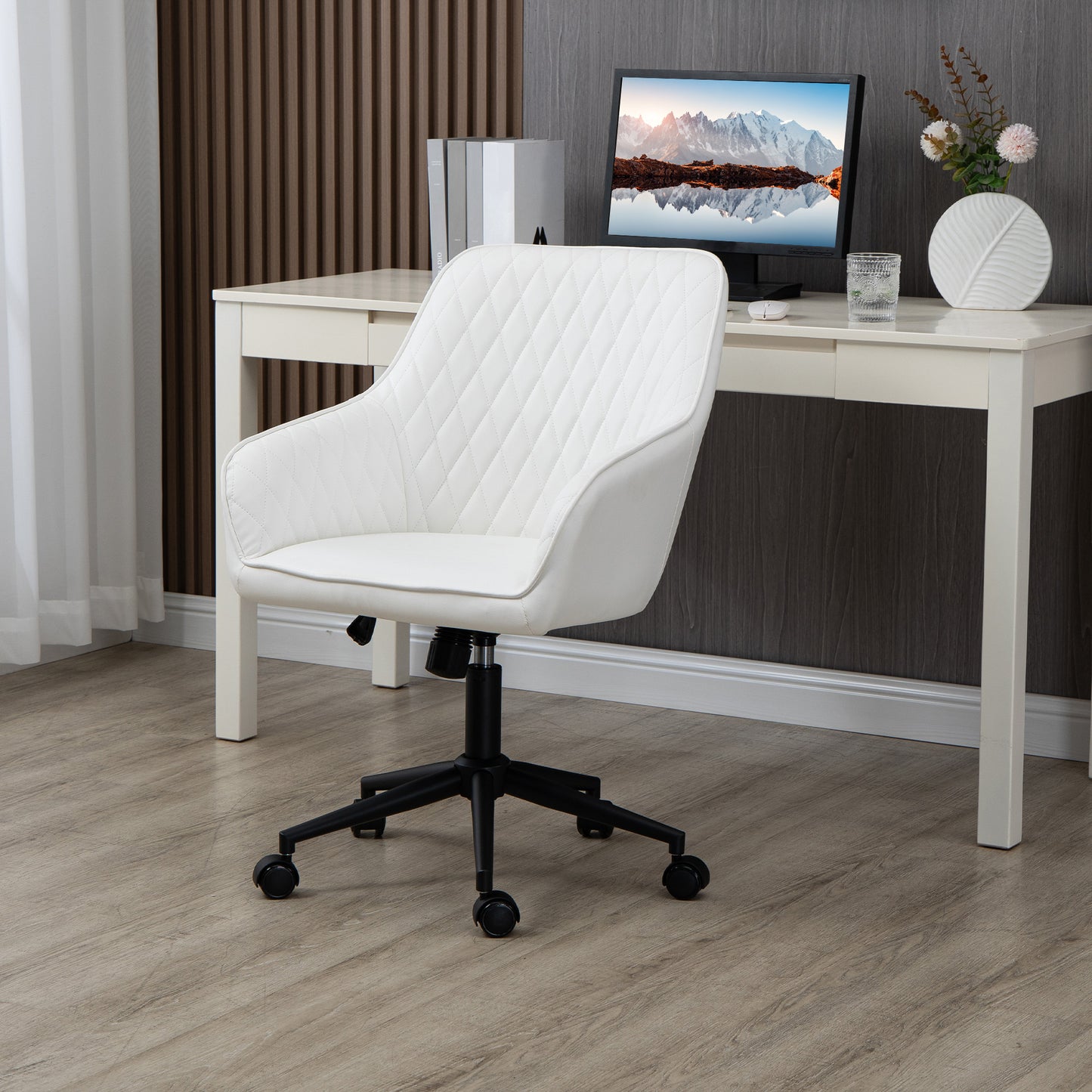 Vinsetto Silla de Oficina Ergonómica Silla de Escritorio Giratoria de Cuero PU con Altura Ajustable y Función de Inclinación para Salón Dormitorio Estudio 59x60x90-100 cm Blanco