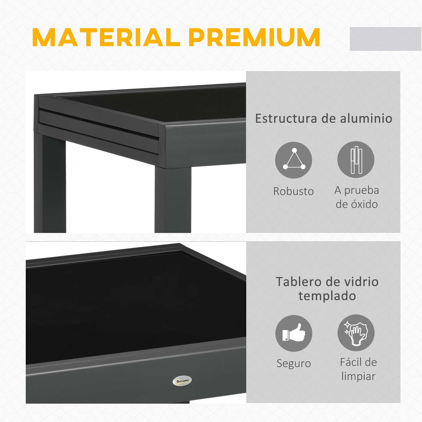 Outsunny Mesa de Jardín Extensible de Aluminio Mesa de Comedor Rectangular con Encimera de Vidrio Templado Carga 50 kg para Terraza 80-160x80x75 cm Negro