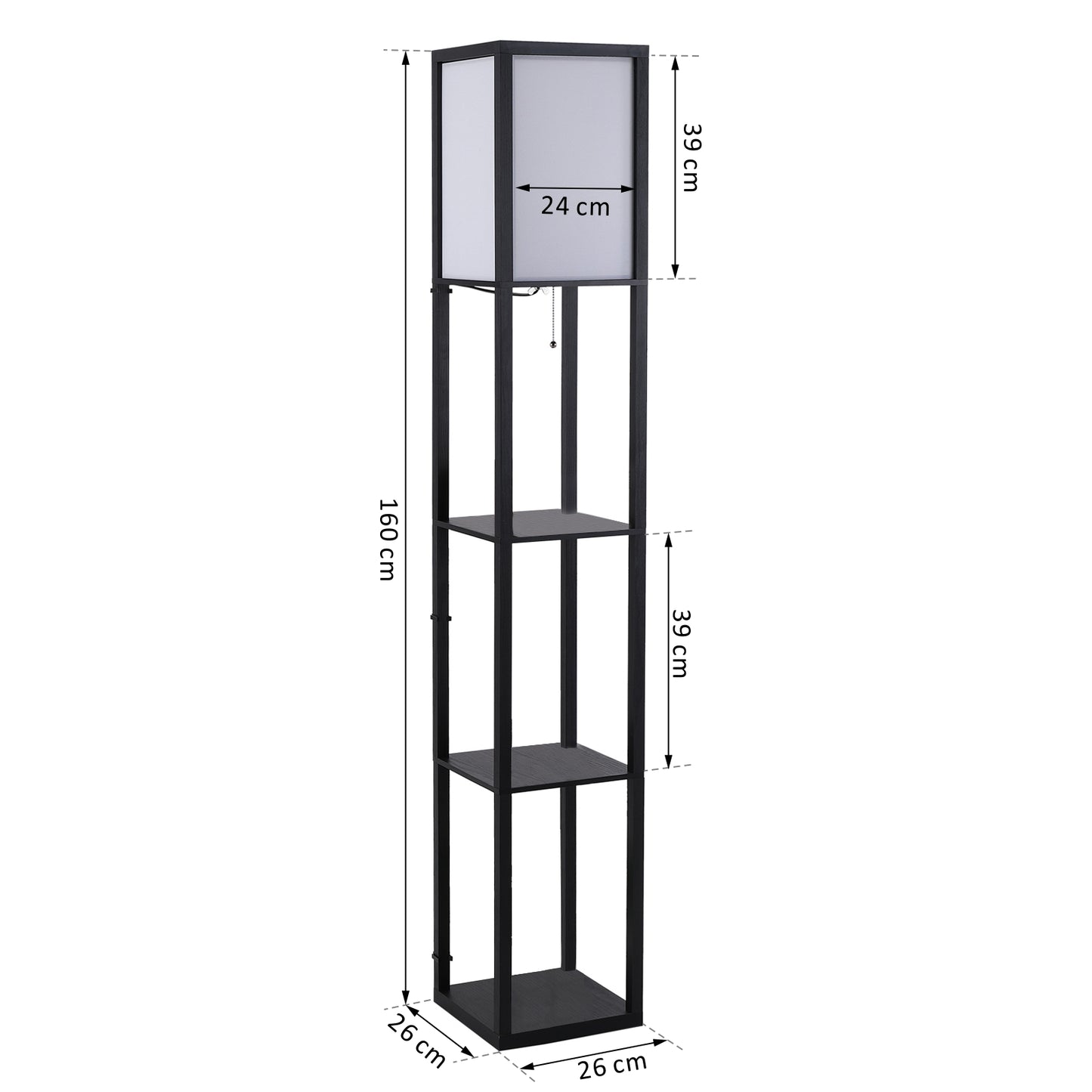 HOMCOM Lámpara de Pie de Madera con 3 Estantes de Almacenaje para Bombilla E27 Potencia Máx. 40W Lámpara Moderna para Salón Dormitorio 26x26x160 cm Negro y Blanco