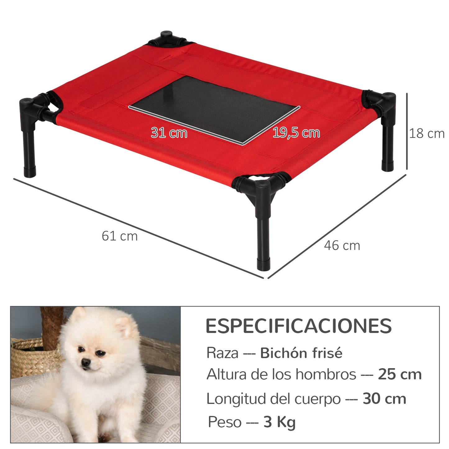 PawHut Cama Elevada para Perros Gatos Portátil Cama para Mascotas con Zona de Malla Transpirable y Tela Oxford para Interior Exterior 64x46x18 cm Rojo