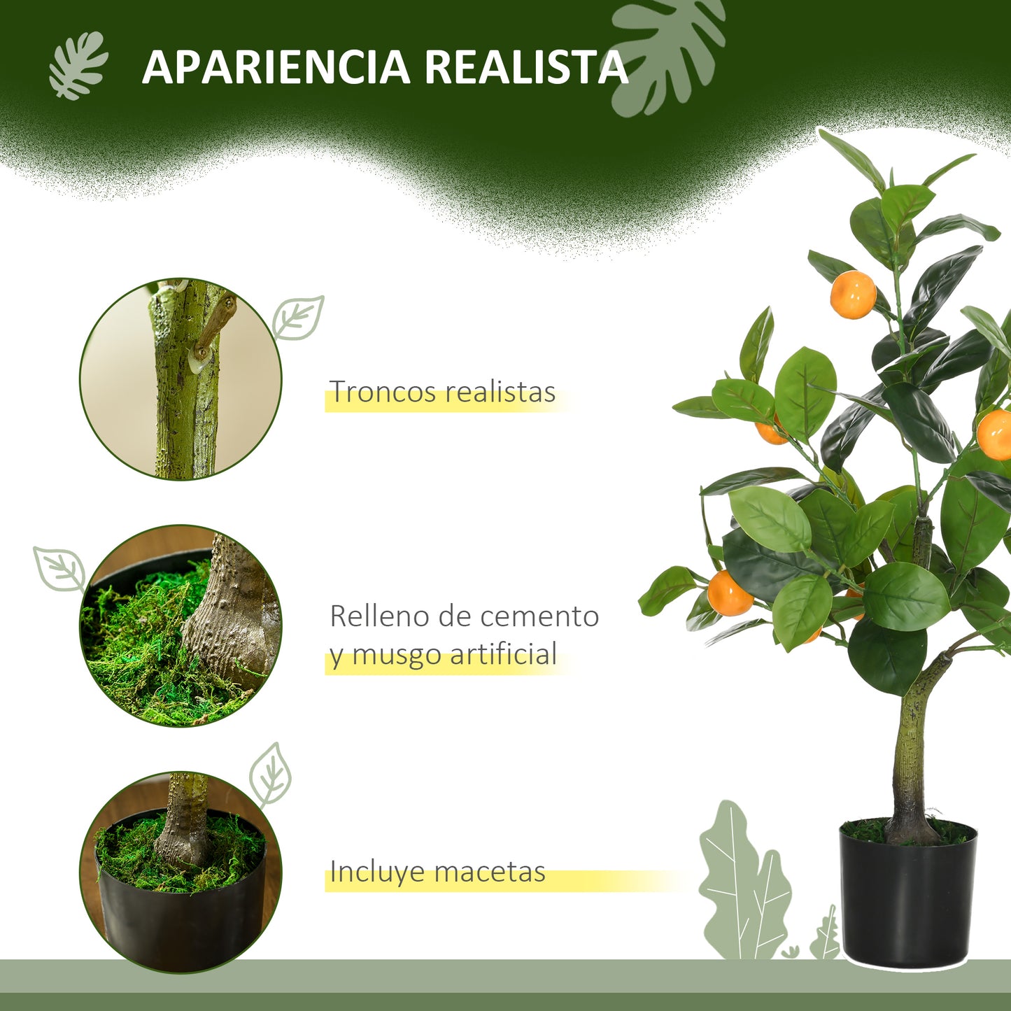 HOMCOM Juego de 2 Plantas Artificiales Decorativas Limonero y Naranjo de 60 cm con Maceta Plantas Sintéticas para Decoración del Hogar Verde