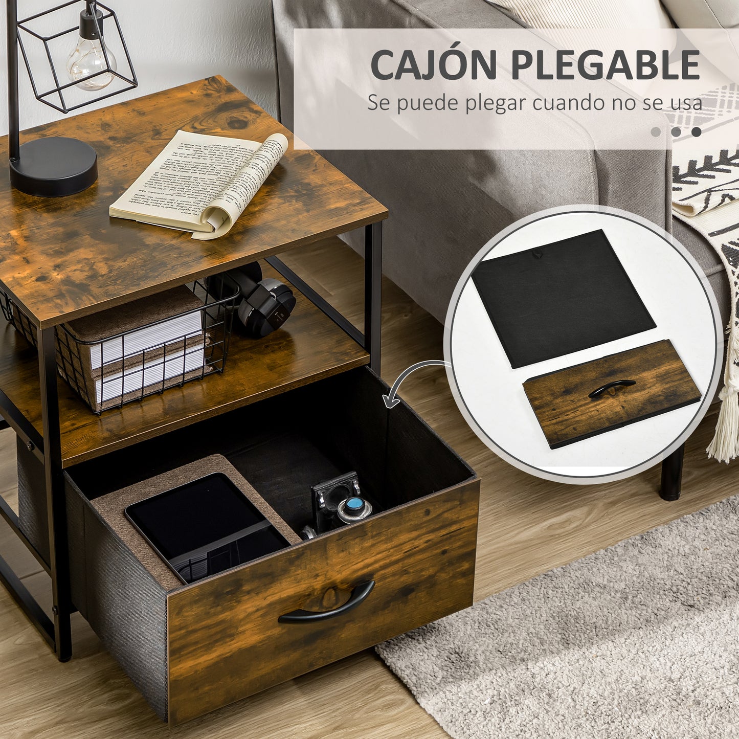 HOMCOM Cómoda Cajonera Cómoda de Madera con 1 cajón de Tela Plegable y Estante Abierto para Salón Oficina Dormitorio Estilo Industrial Antivuelco 45x40x50,5 cm Marrón Rústico