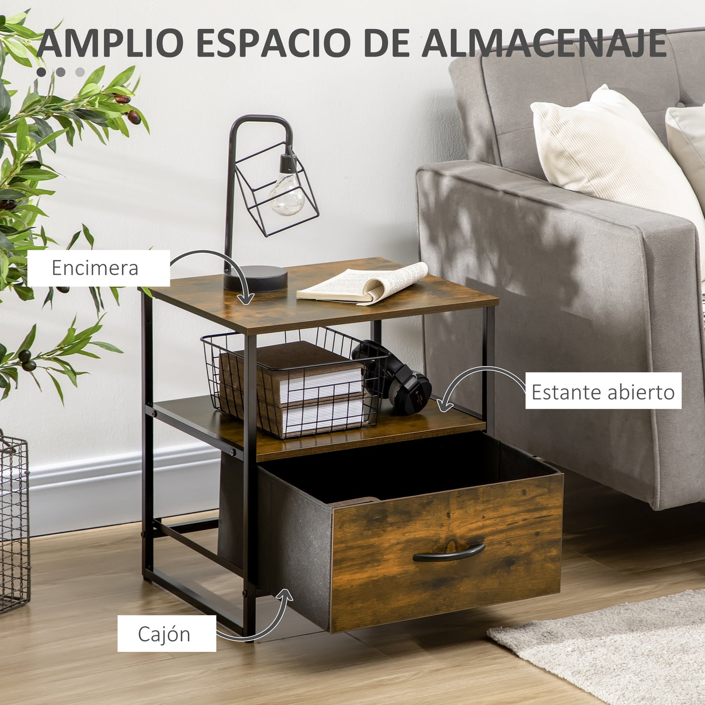 HOMCOM Cómoda Cajonera Cómoda de Madera con 1 cajón de Tela Plegable y Estante Abierto para Salón Oficina Dormitorio Estilo Industrial Antivuelco 45x40x50,5 cm Marrón Rústico