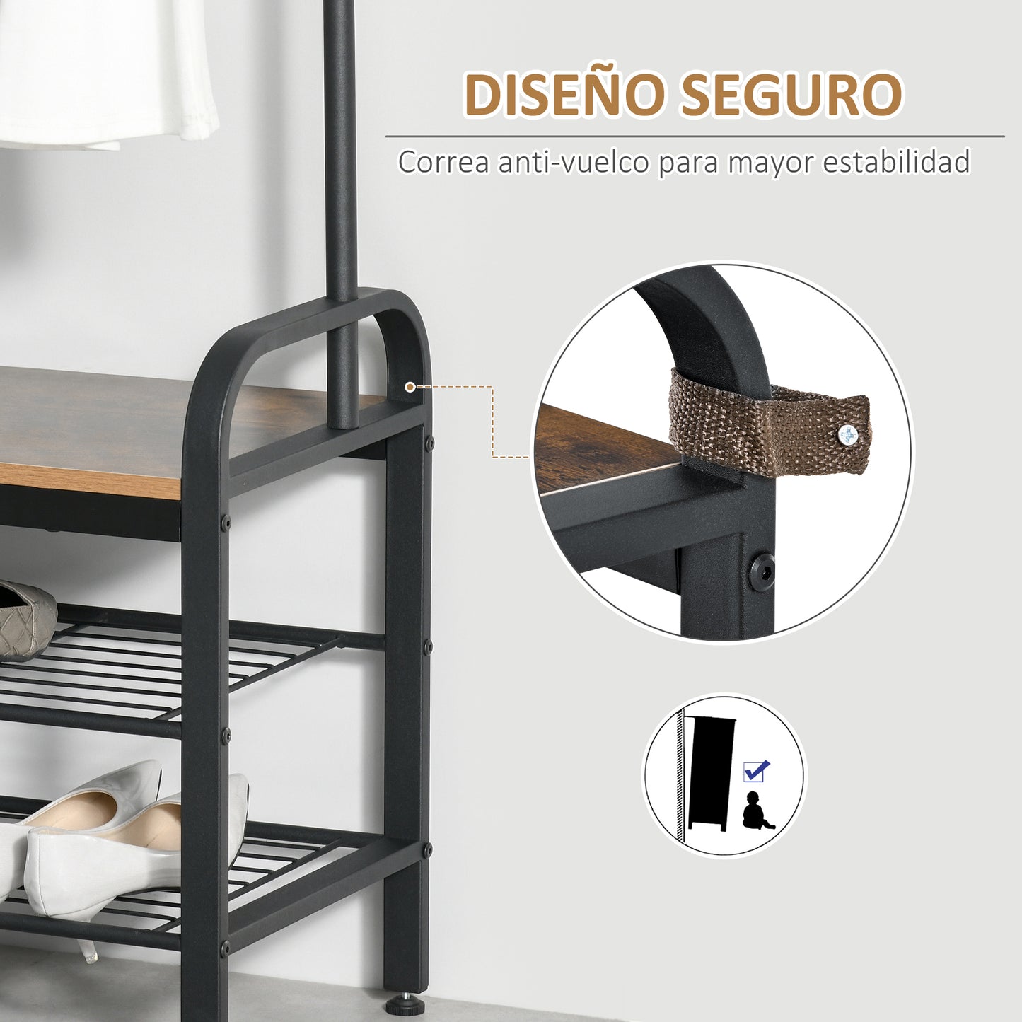 HOMCOM Perchero de Pie Perchero Metálico Zapatero 3 Estantes 8 Ganchos Colgador para Zapatos Ropas para Pasillo Entrada 72x34x185cm